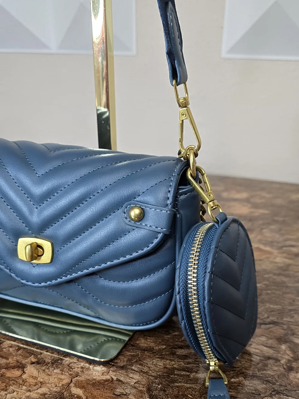 Quilted Blue Crossbody Bag w/ Gold Chain Strap & Mini Coin Pouch – Chic & Trendy